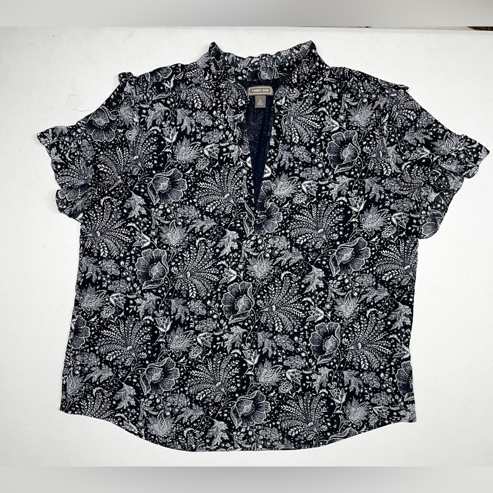 J. Crew Point Sur Blue and White Floral Short Sleeve Blouse